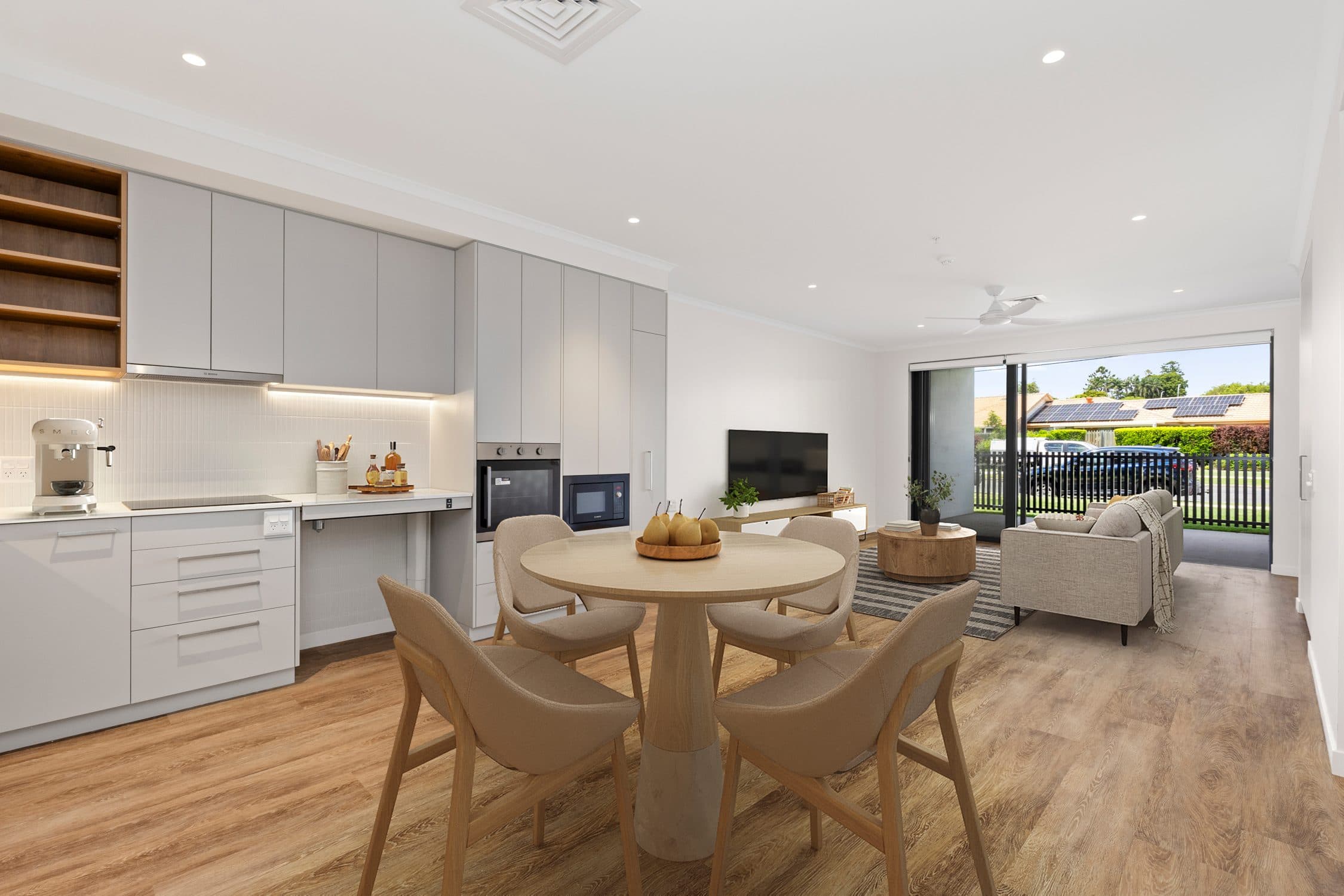 An open-plan living, dining and kitchen area in one of the high-care units.