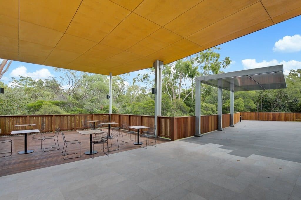 The covered deck looking into the trees.