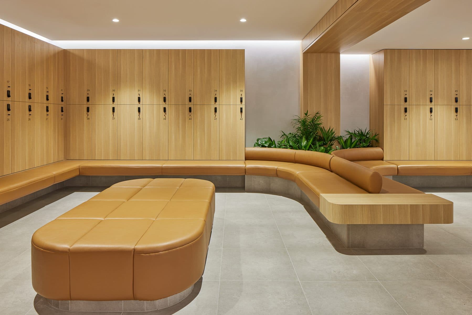 Locker room seating island under a curved bulkhead.