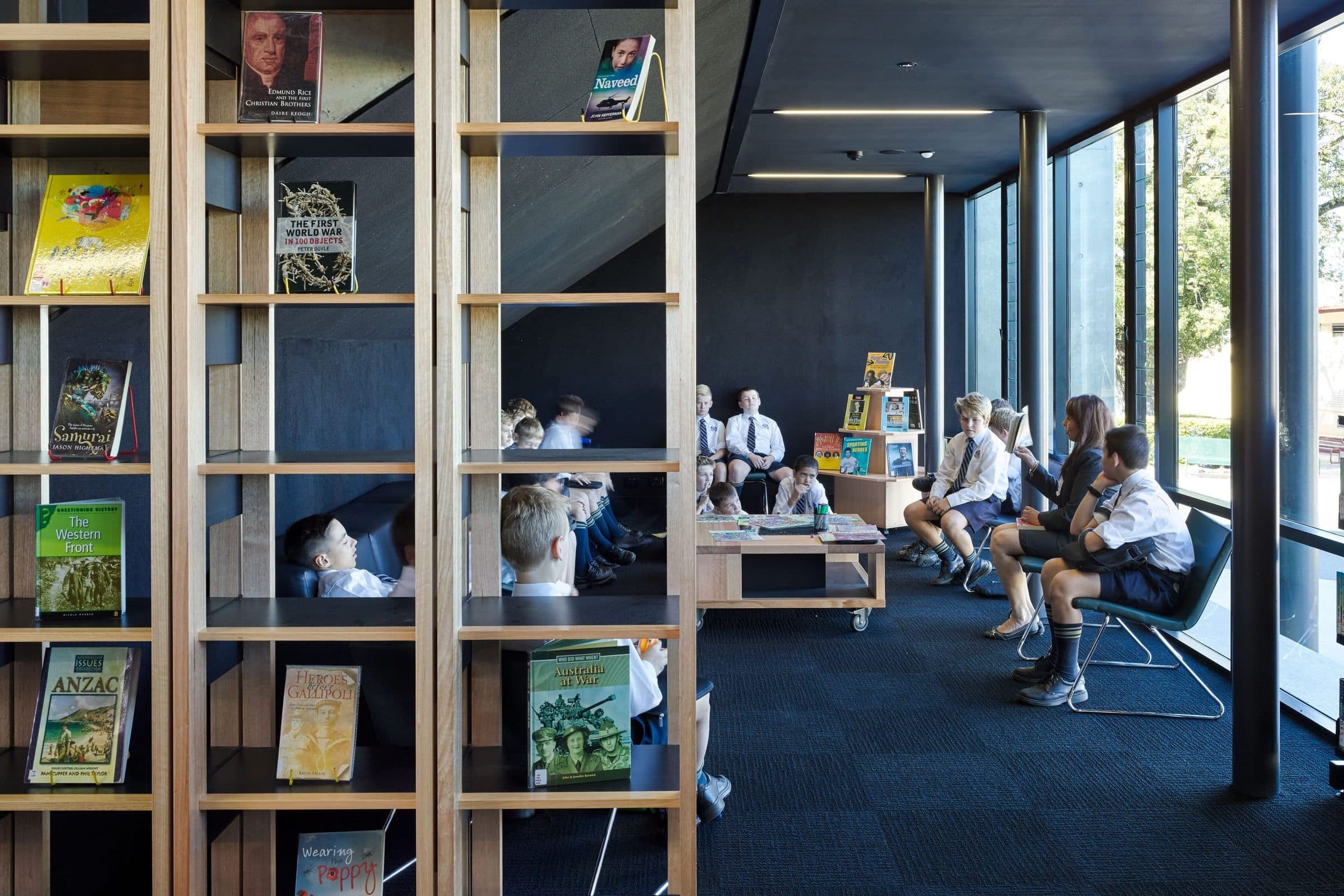Shelving and reading spaces in the library.